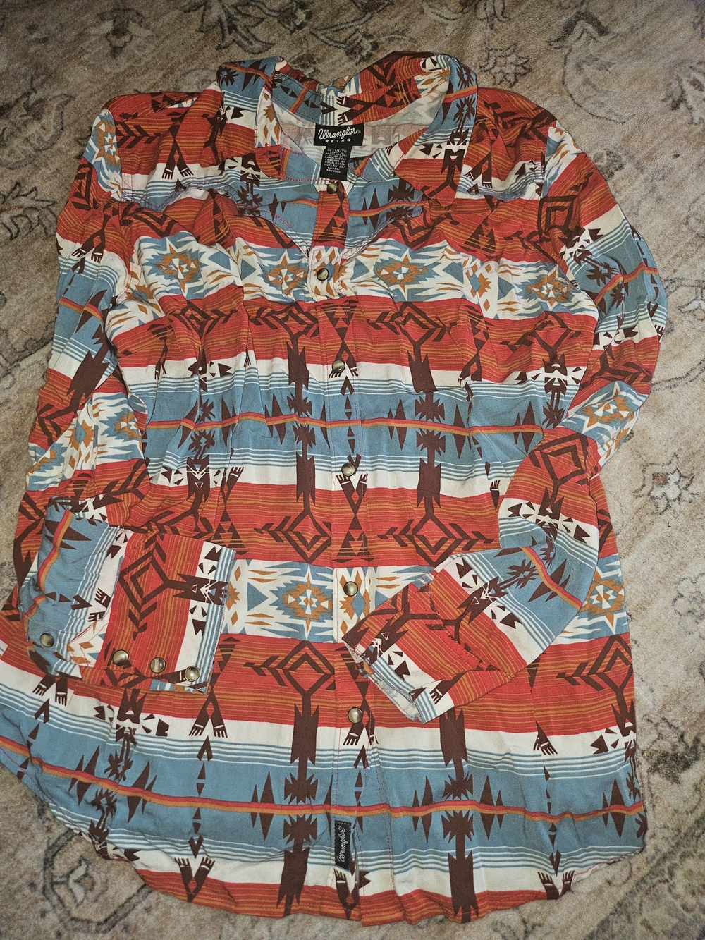 Wrangler Women's Red, Blue & Brown Aztec Button-Front Shirt